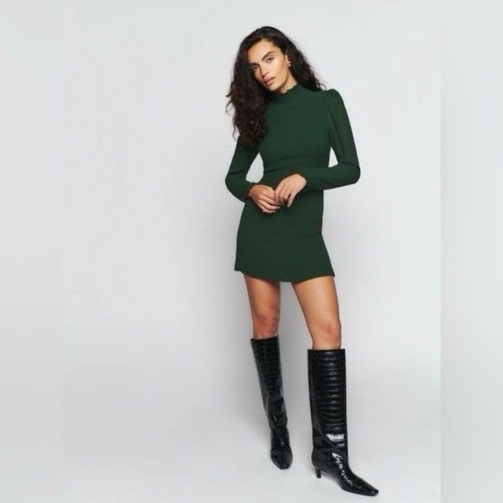 Reformation Lewis Mini Dress 0 Forest Green Crepe Long Puff Sleeve Mock Ruffle